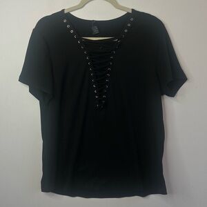 Rue 21 Black Short Sleeve Low Cut Criss Cross Top Sexy Size XL
